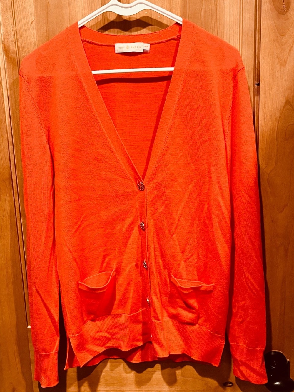 Tory Burch Bright Orange V-Neck Button Cardigan